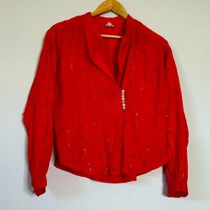 Anthropologie pilcro red beaded blouse top